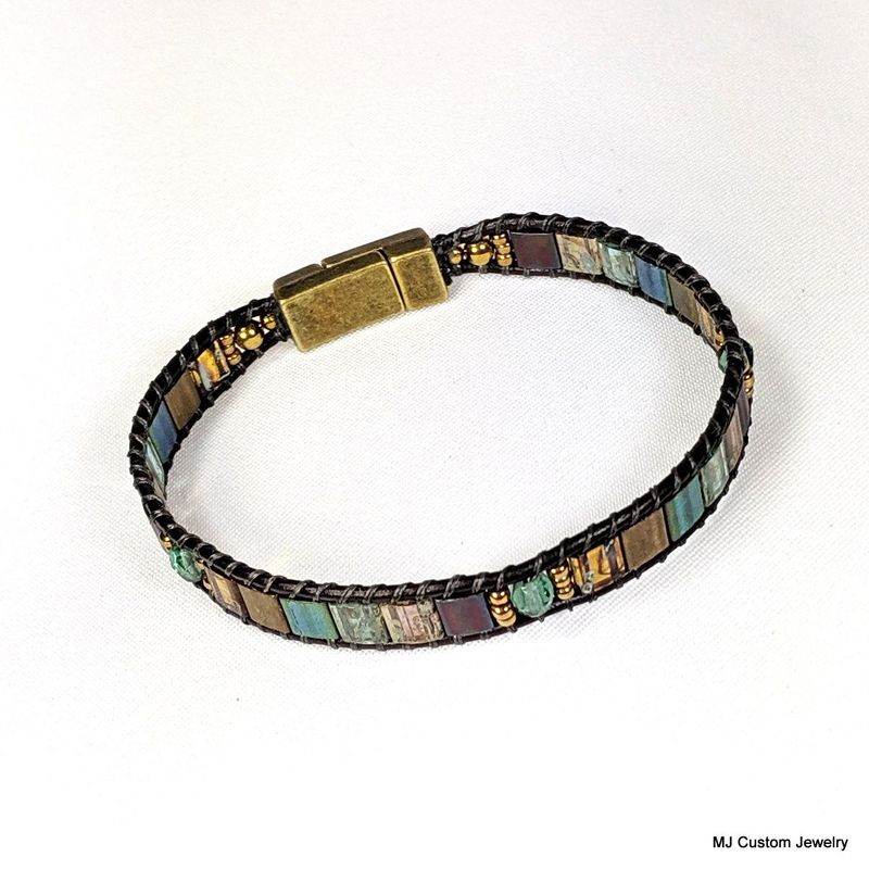Glass Tiles, Erinite Crystal & Bronze Magnetic Clasp Leather Bracelet