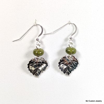 Green Unakite Rondelle & Silver Leaf Earrings Green Unakite Rondelle & Silver Leaf Earrings