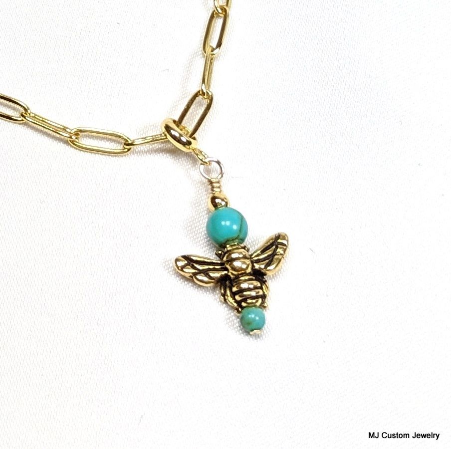 Turquoise & Golden Honey Bee Pendant Necklace Turquoise & Golden Honey Bee Pendant Necklace