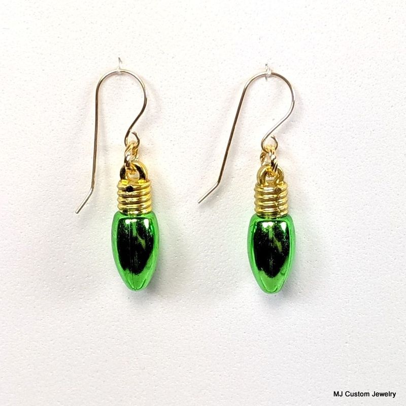 Green Christmas Light Bulb 14k Earrings