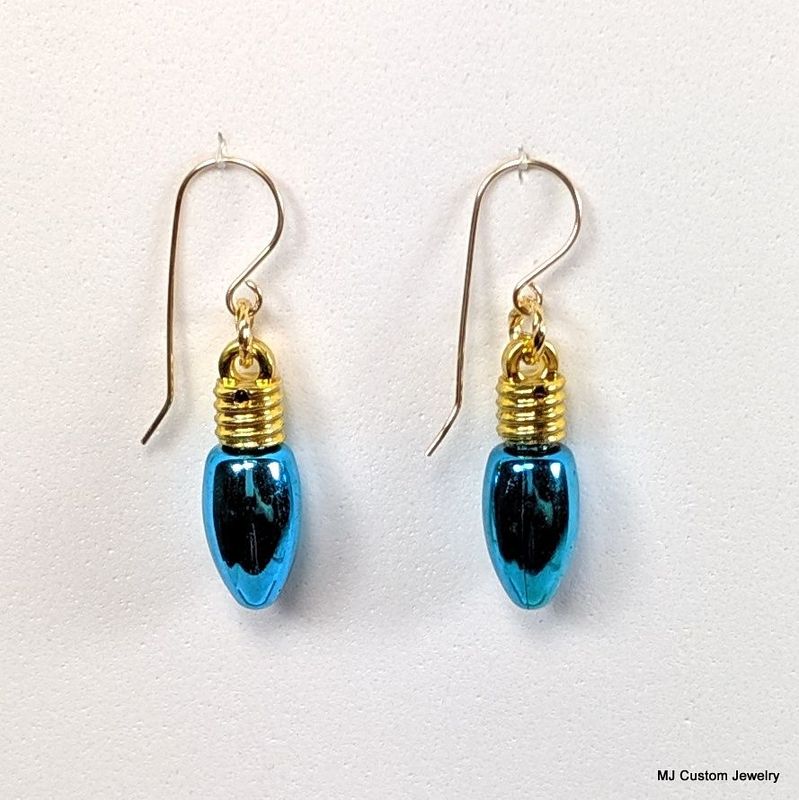 Blue Christmas Light Bulb 14k Earrings