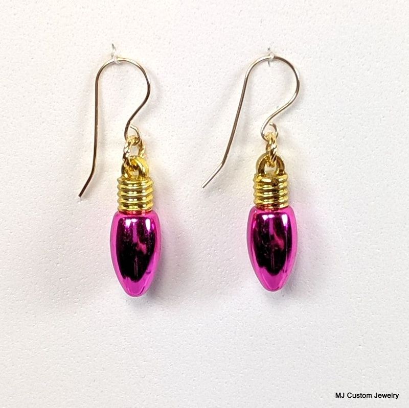Fuchsia Christmas Light Bulb 14k Earrings