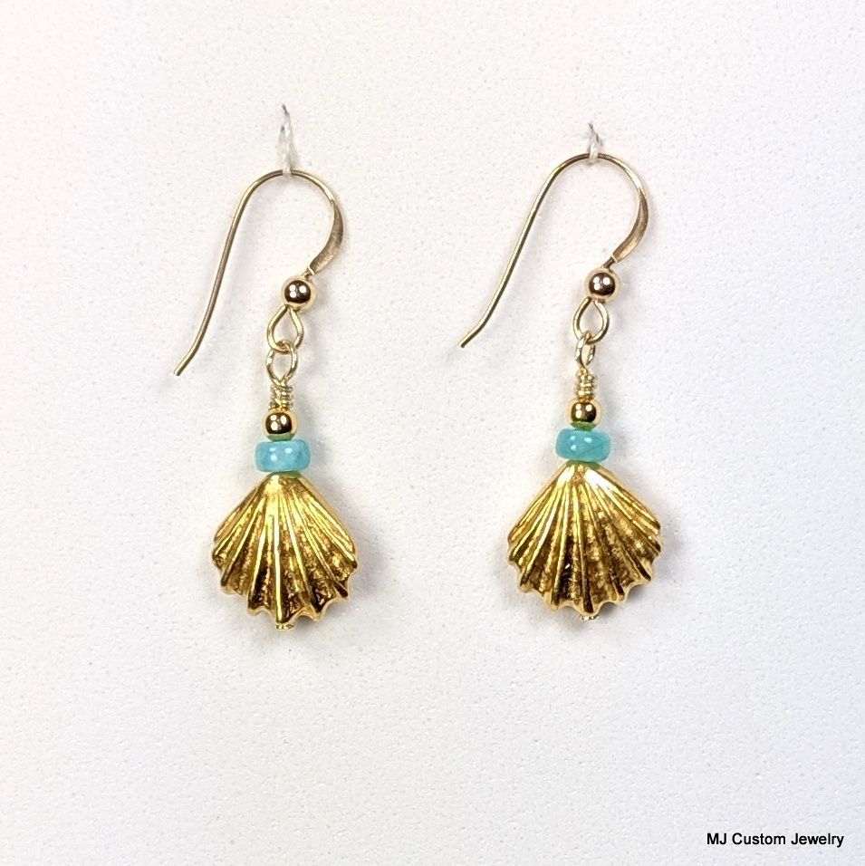 Aqua-Blue Chalcedony & Golden Sea Shell 14k GF Earrings Aqua-Blue Chalcedony & Golden Sea Shell 14k GF Earrings
