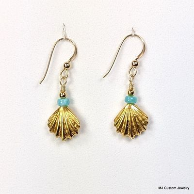 Aqua-Blue Chalcedony & Golden Sea Shell 14k GF Earrings