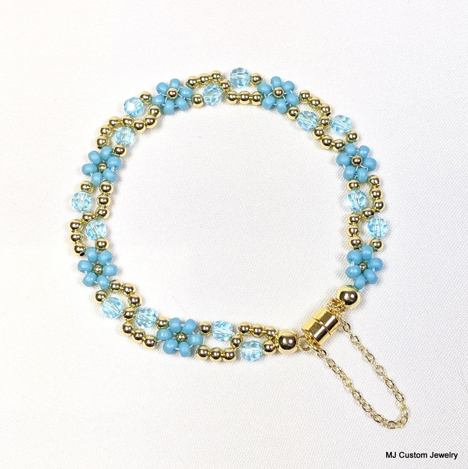 Aqua-Blue Crystal & Glass Flower Chain Magnetic Clasp Bracelet