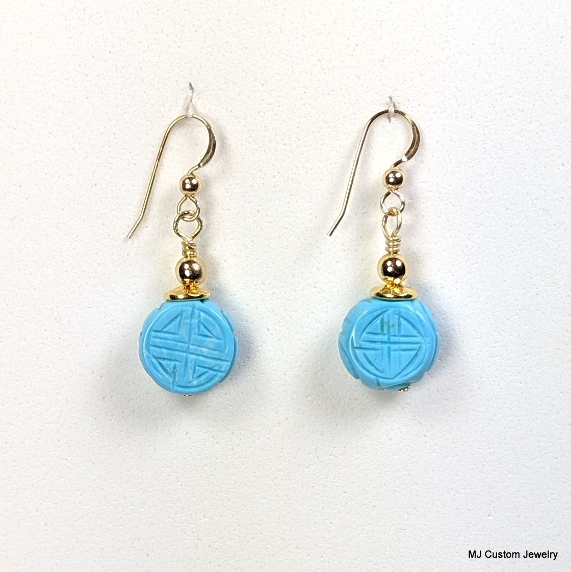 Sky Blue Turquoise Etched Disk 14k GF Earrings Sky Blue Turquoise Etched Disk 14k GF Earrings
