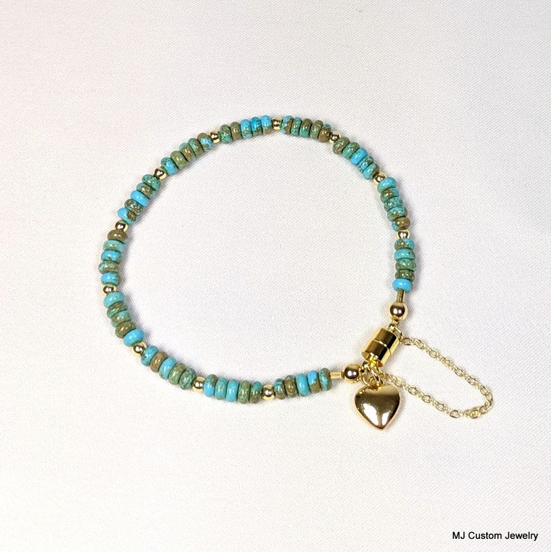 Turquoise Rondelle & Gold Heart Magnetic Clasp Bracelet