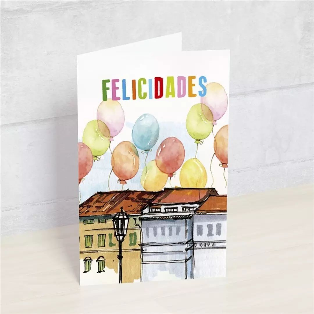POSTAL FELICIDADES CASAS Y GLOBOS