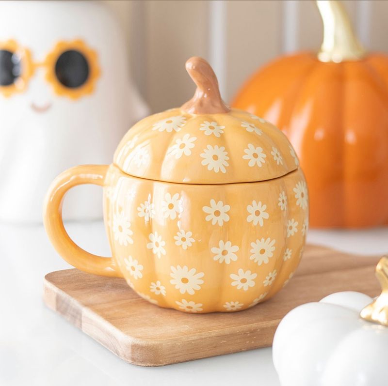 MUG CERÁMICA CON FORMA DE CALABAZA Y FLORES