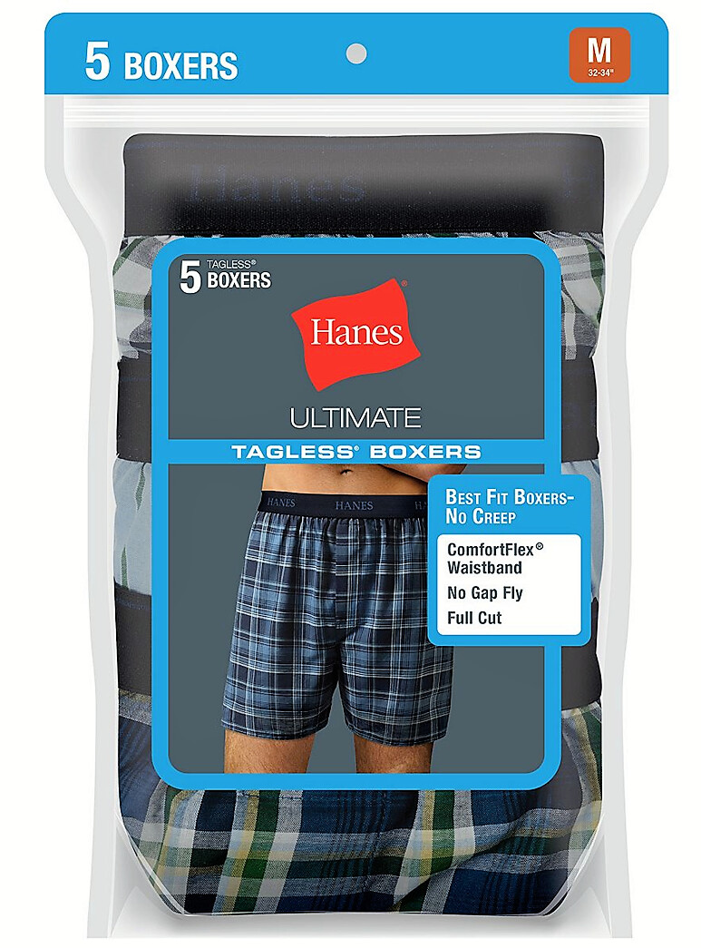 Hanes Men&#39;s Ultimate® Plaid Woven Boxers  5-pack, Available Color: Blue Print &amp; Plaid