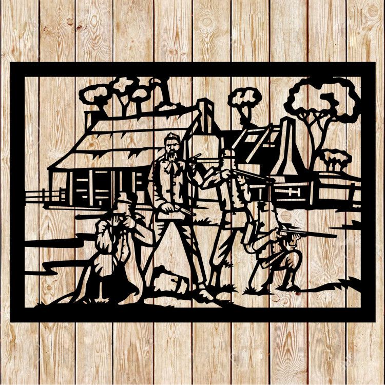 The Kelly Gang in front of Ann Jones Inn Glenrowan - Bushrangers Cutting File