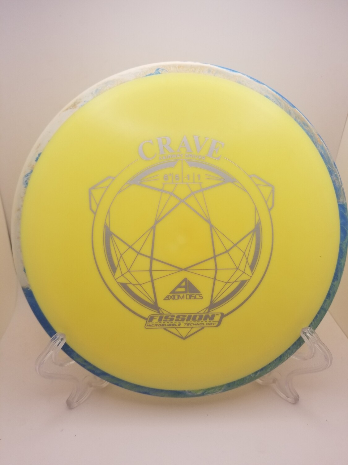 Axiom Discs Crave Yellow with Blue/white rainbow swirl Rim Fission Stamped 174g