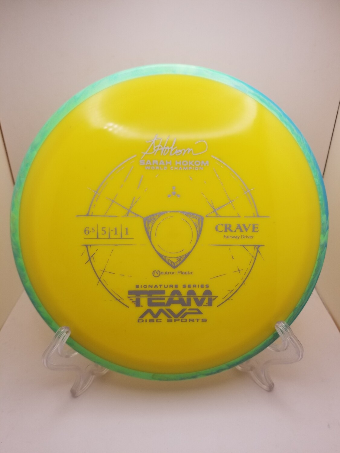 Axiom Discs Team MVP Signature Series Sarah Hokom Neutron Crave Yellow Plate Green Swirl Rim 160g