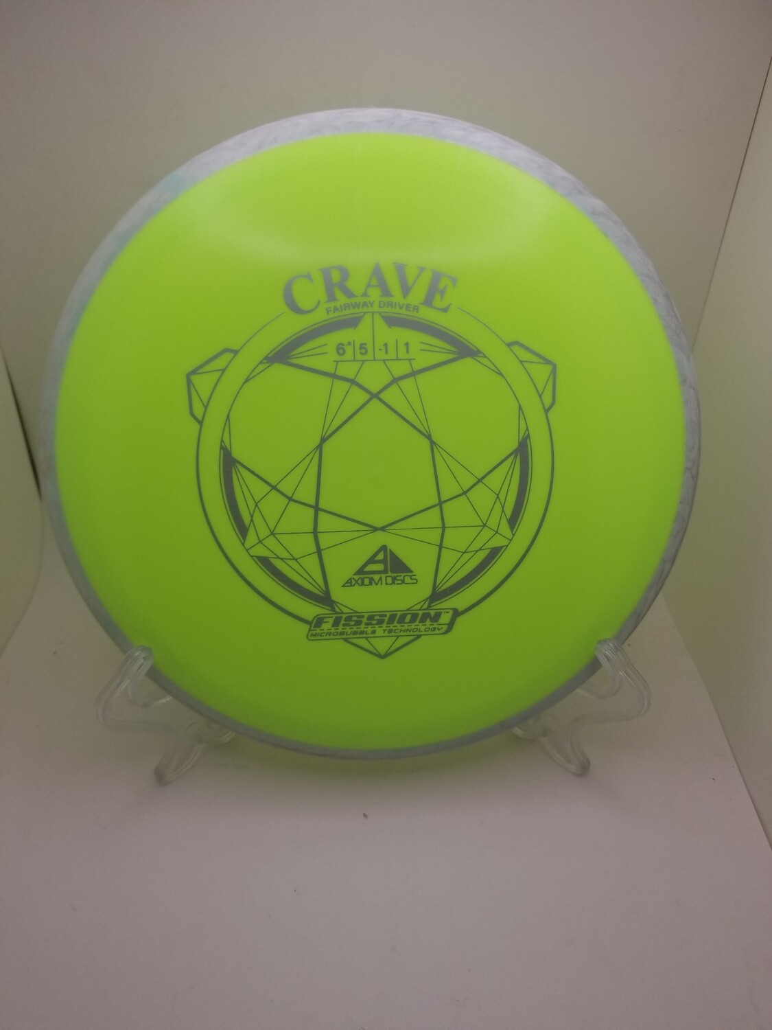 Axiom Discs Crave DayGlow Green with Grey and White Swirl Rim Fission Stamped 150g