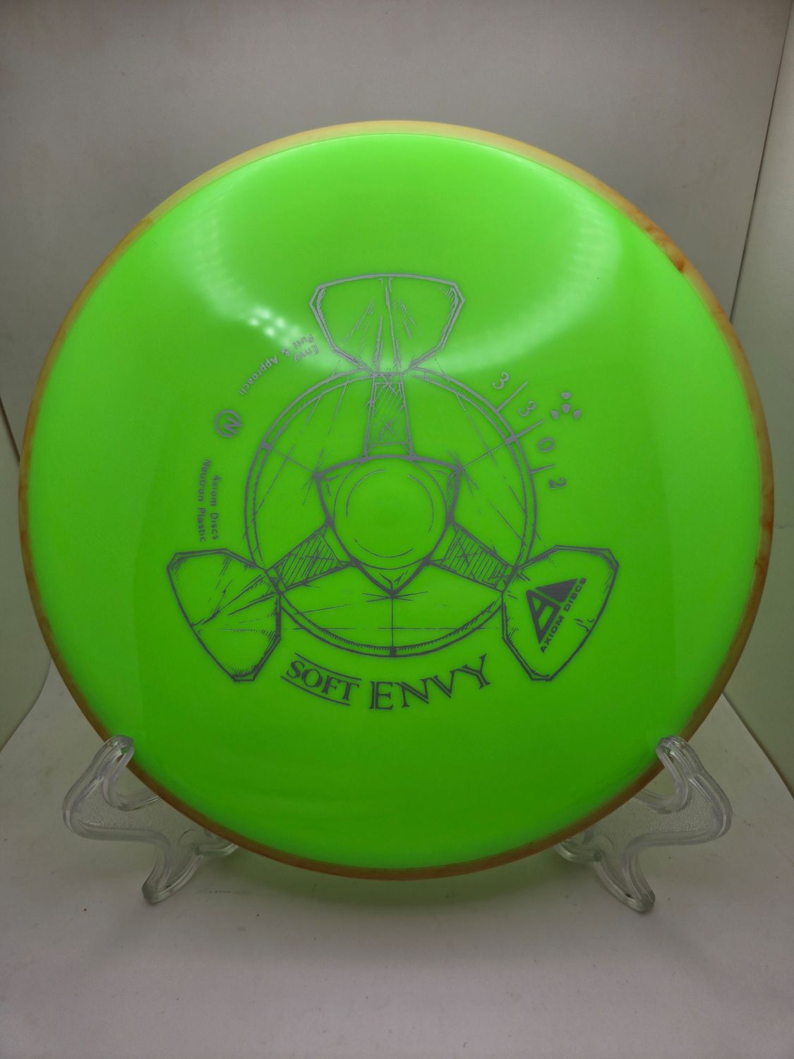 Axiom Discs Envy Soft Neutron Dayglow Green with Orange Swirly Rim 172g.