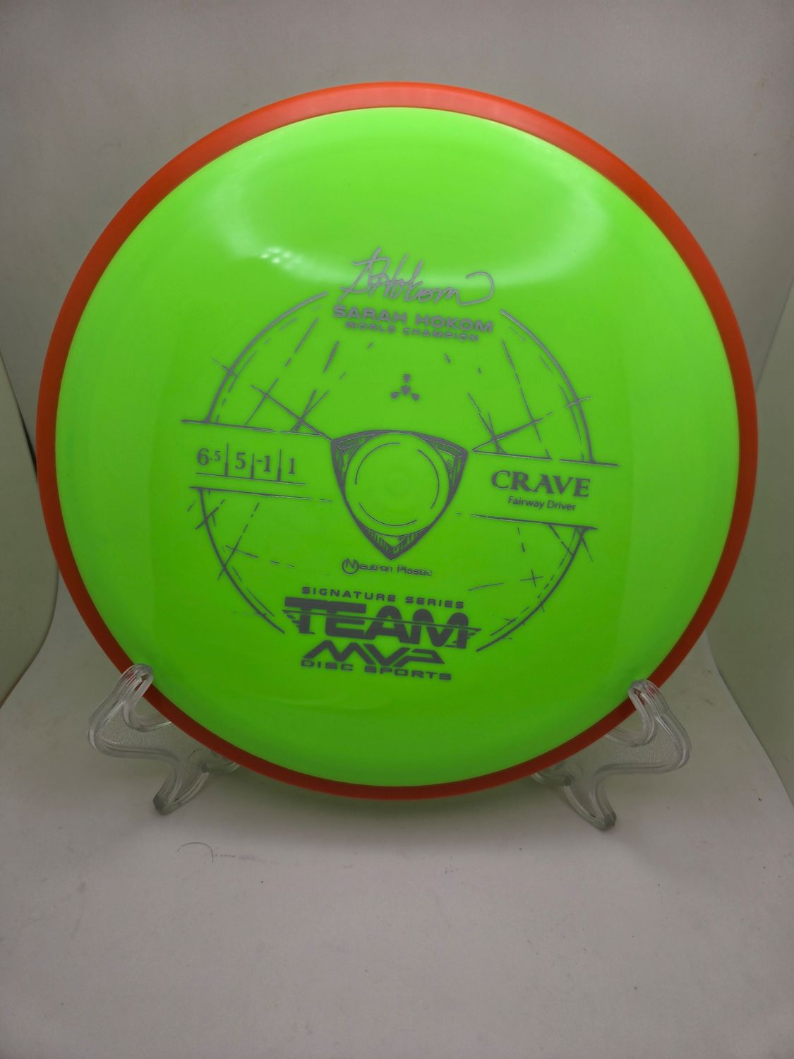 Axiom Discs Team MVP Signature Series Sarah Hokom Neutron Crave Dayglow Green Plate Orange Rim 162g