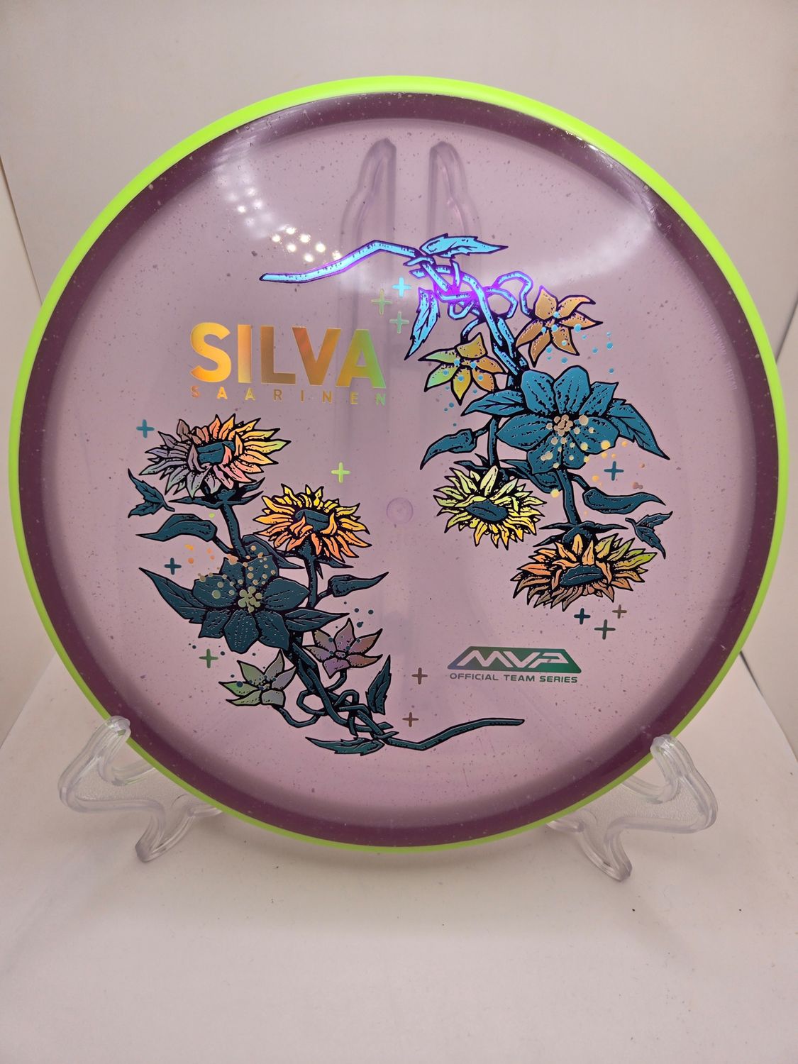 Axiom Particle Glow Soft Proton Proxy - Silva Saarinen Team Series Purple with Dayglow Yellow Swirly Rim 170g