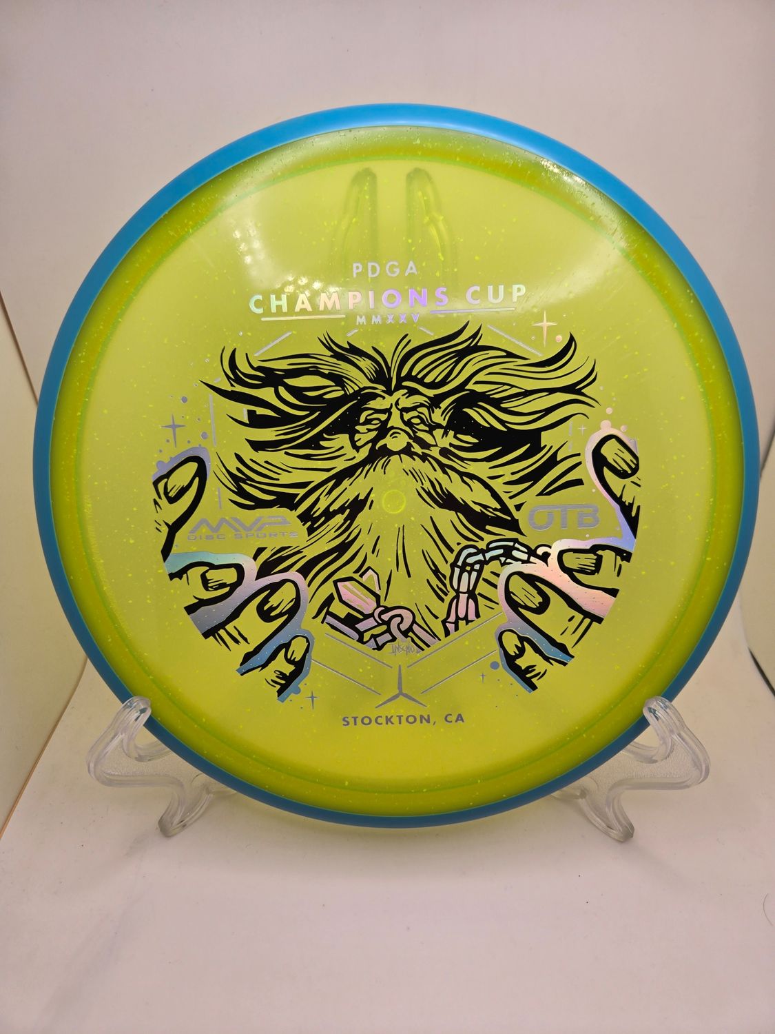 Axiom Discs Particle Glow Proton Hex - Champions Cup Edition Dayglow Yellow with Teal Blue Rim 176g