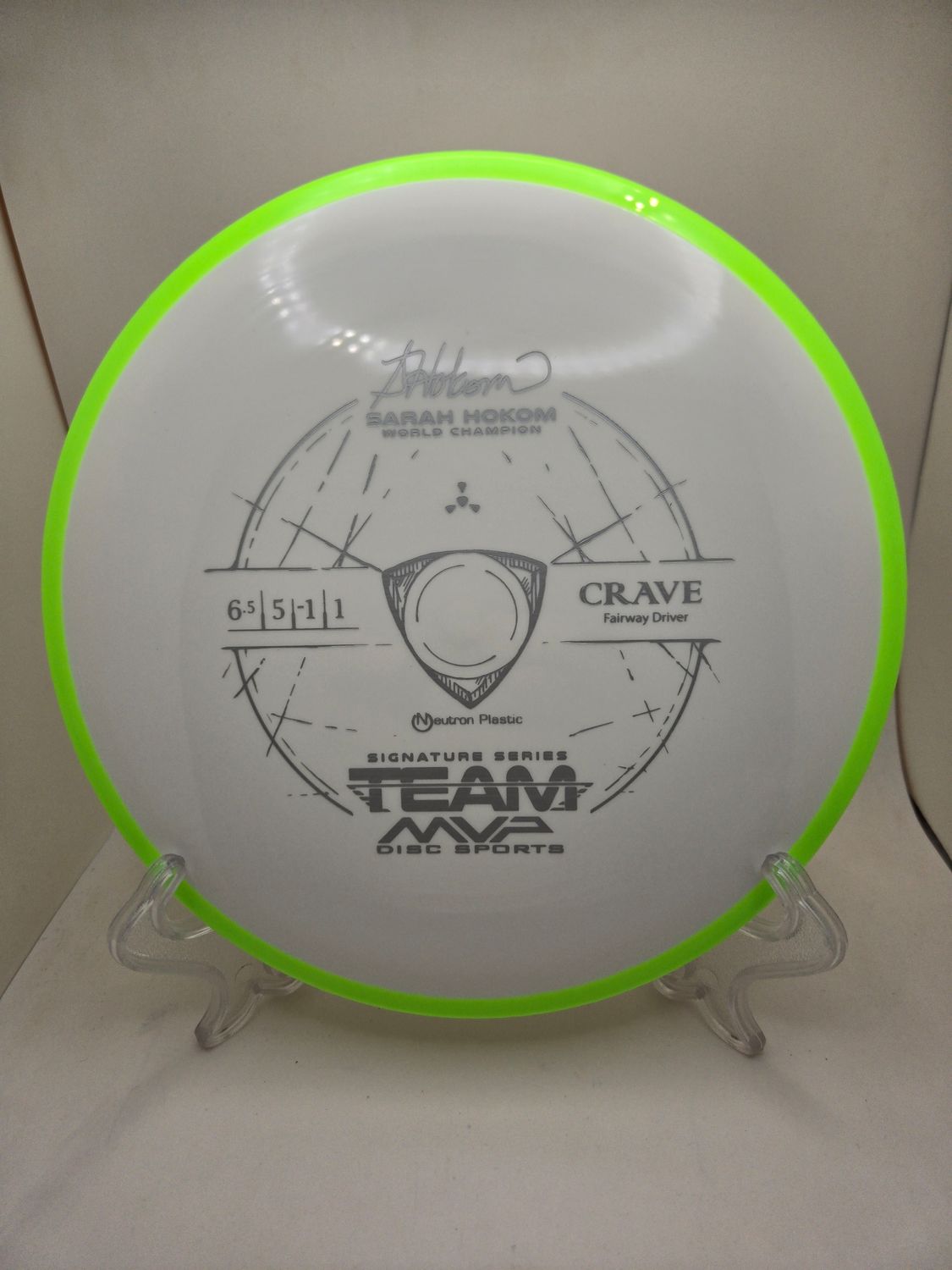 Axiom Discs Team MVP Signature Series Sarah Hokom Neutron Crave White Plate Dayglow Green Rim 158g