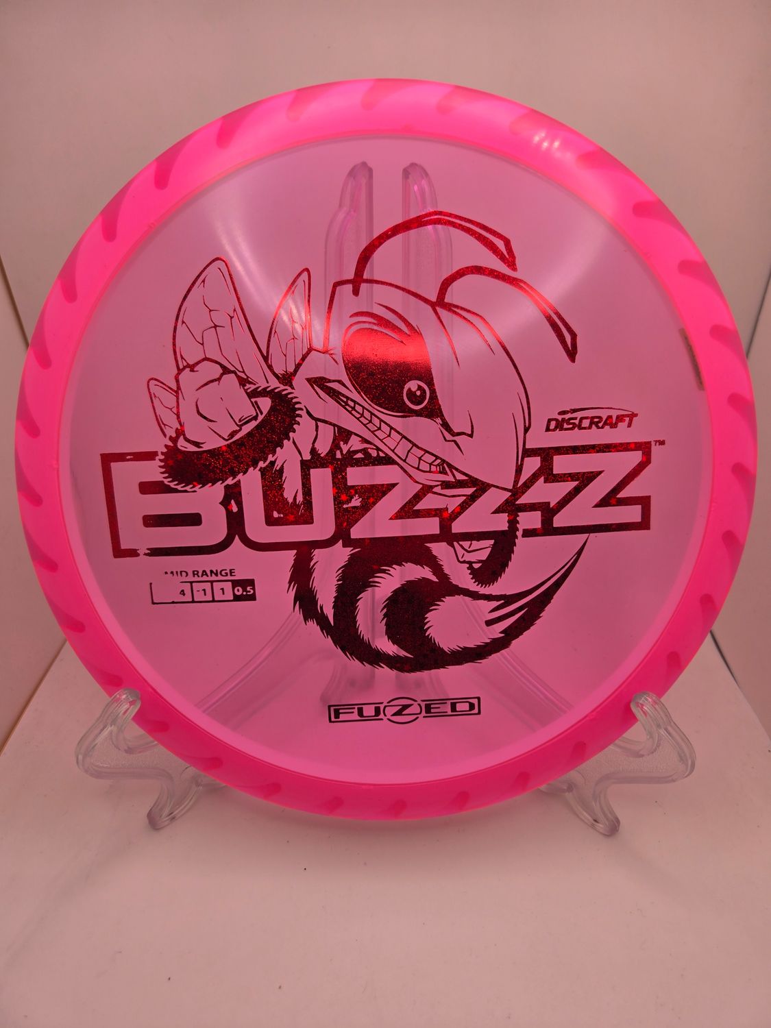 Discraft Discs Fuzed Z Buzzz with BuzzzSaw Pattern Pink with White Back Red Sparkle Stamp 173-174g