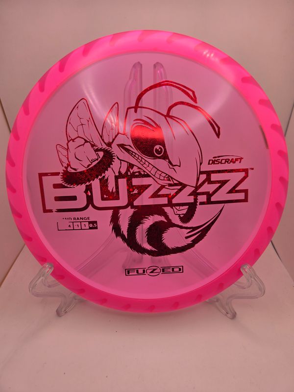 Discraft Discs Fuzed Z Buzzz with BuzzzSaw Pattern Pink with White Back Red Sparkle Stamp 173-174g