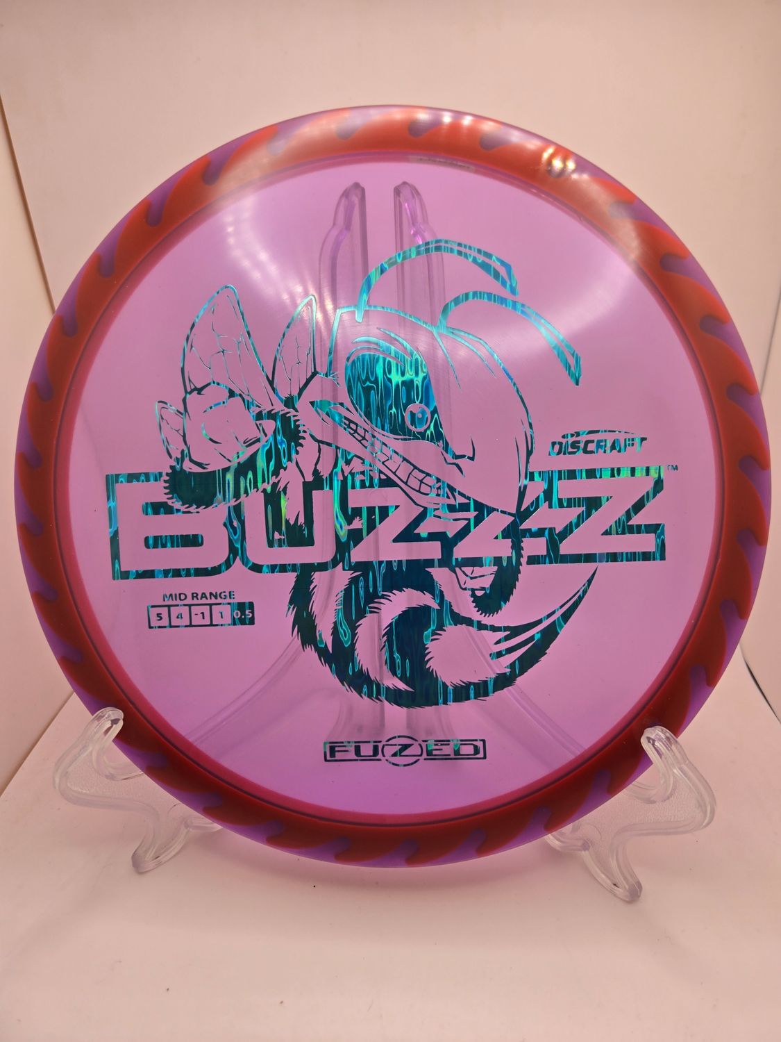 Discraft Discs Fuzed Z Buzzz with BuzzzSaw Pattern Purple with Red Back Blue Oil Streak Stamp 173-174g