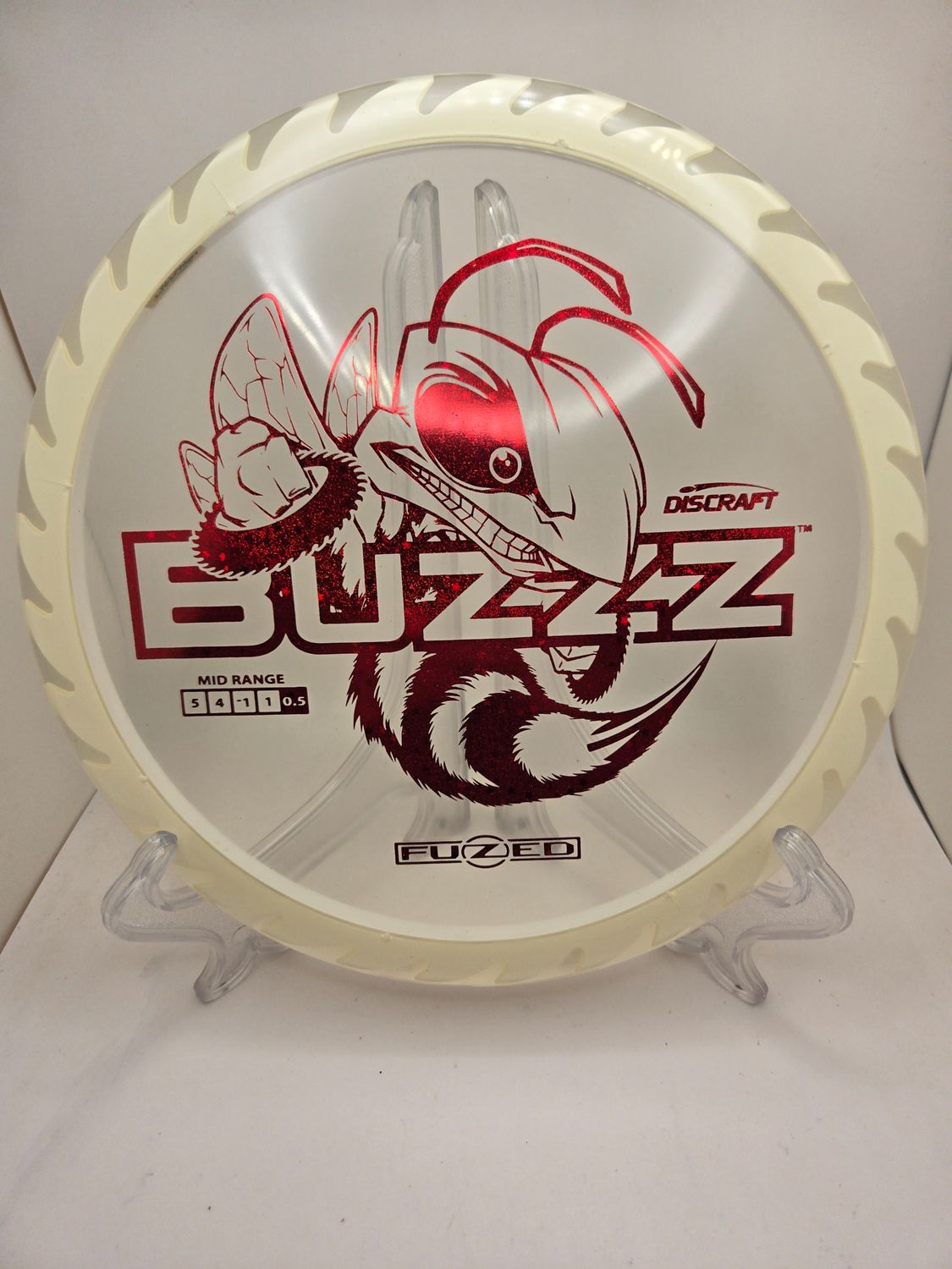 Discraft Discs Fuzed Z Buzzz with BuzzzSaw Pattern Clear with White Back Red Sparkle Stamp 175-176g