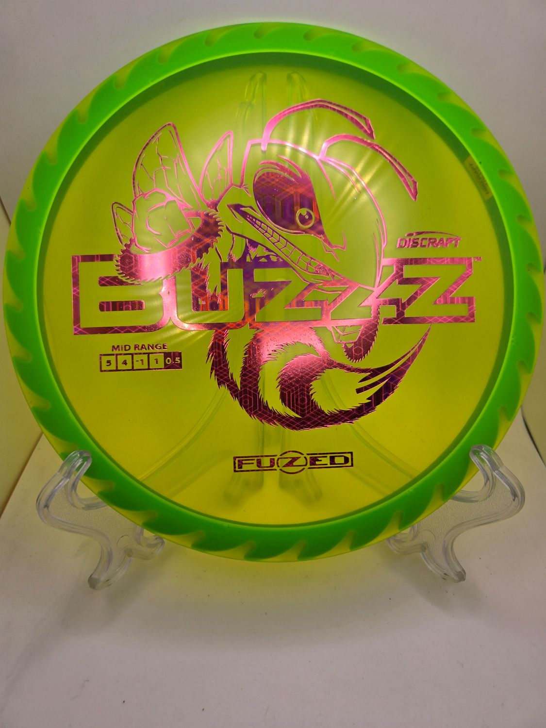 Discraft Discs Fuzed Z Buzzz with BuzzzSaw Pattern Yellow with Blue Back Pink Hex Stamp 170-172g