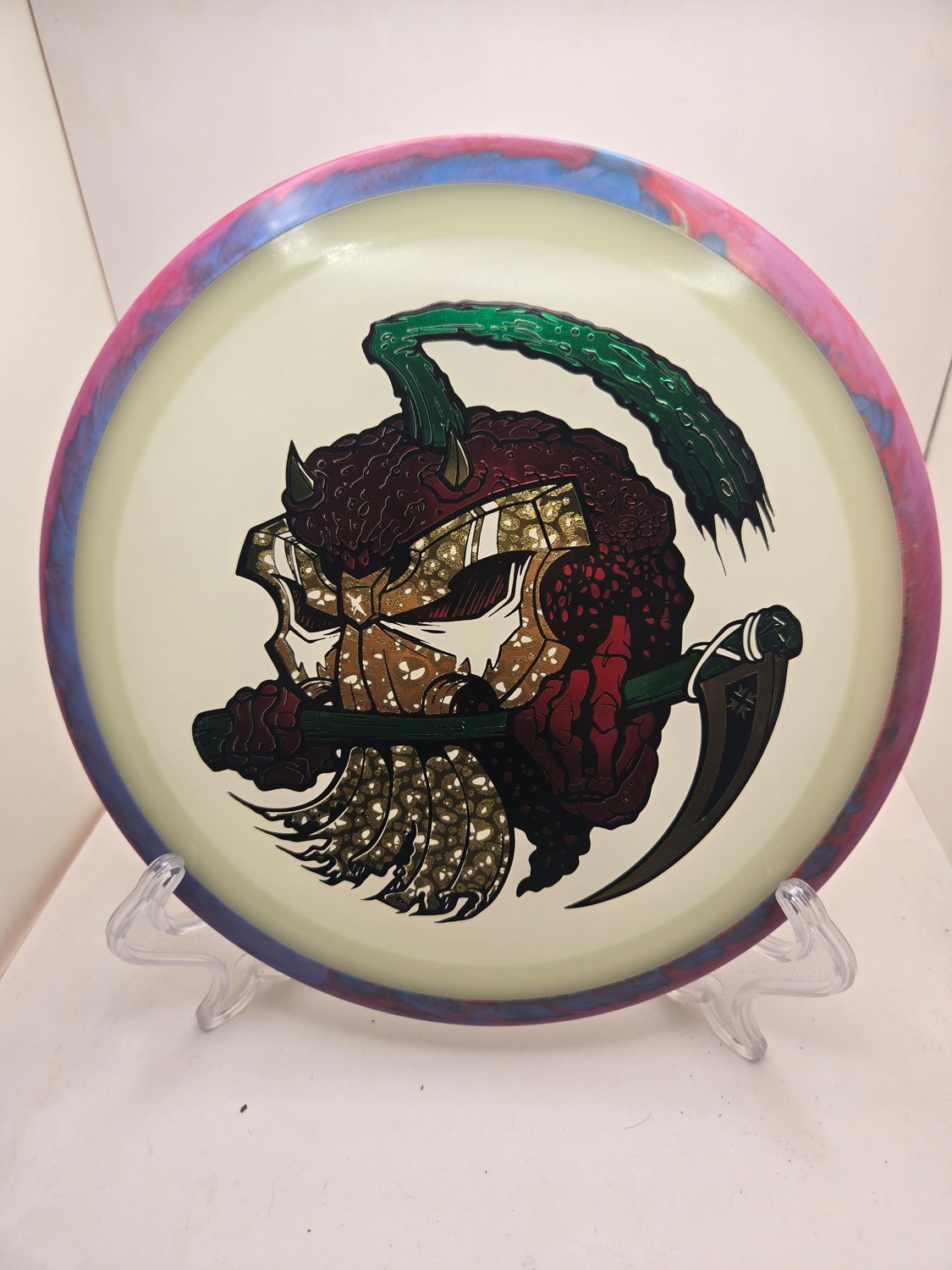 DFX Discs Axiom Eclipse Insanity Red/Green/Gold Stamp Pumpkin Reaper with Pink/Purple Swirly Rim 173g