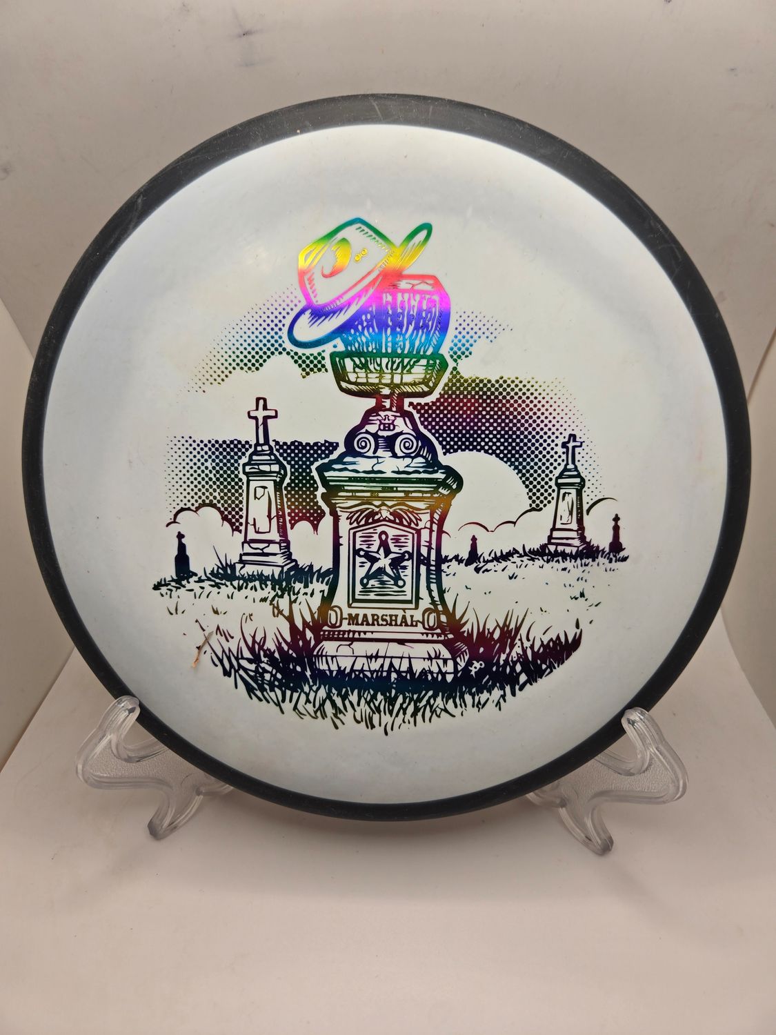 Dynamic Discs Classic Soft Orbit Marshal - Marshal's Last Ride White and Black Rim with gradient stamp 176g