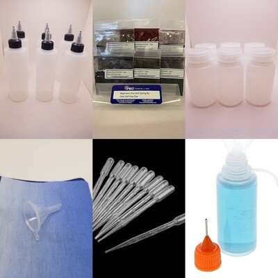 Dyers Supply Kit-Includes PCAD starter kit, 6-4oz hdpe twist lock bottles, 6-4oz dispenser plastic bottles, 6-.50oz precision needle nose applicators, 6-3ml plastic transfer pipettes and 1 mini funnel