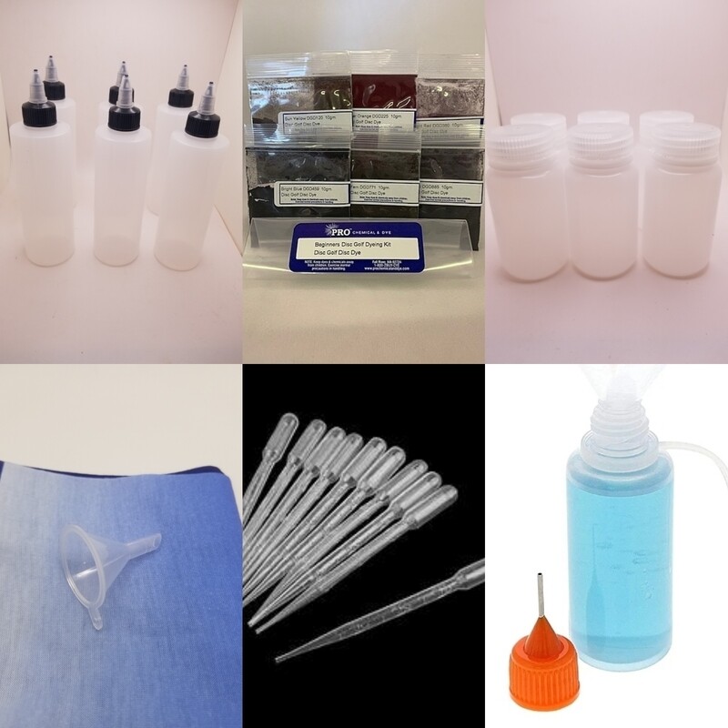 Dyers Supply Kit-Includes PCAD starter kit, 6-4oz hdpe twist lock bottles, 6-4oz dispenser plastic bottles, 6-.50oz precision needle nose applicators, 6-3ml plastic transfer pipettes and 1 mini funnel