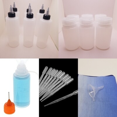 Dyers' Supply Kit Containers Only-Includes 6-4oz hdpe twist lock bottles, 6-4oz dispenser plastic bottles, 6-.50oz precision needle nose applicators, 6-3ml plastic transfer pipettes and 1 mini funnel
