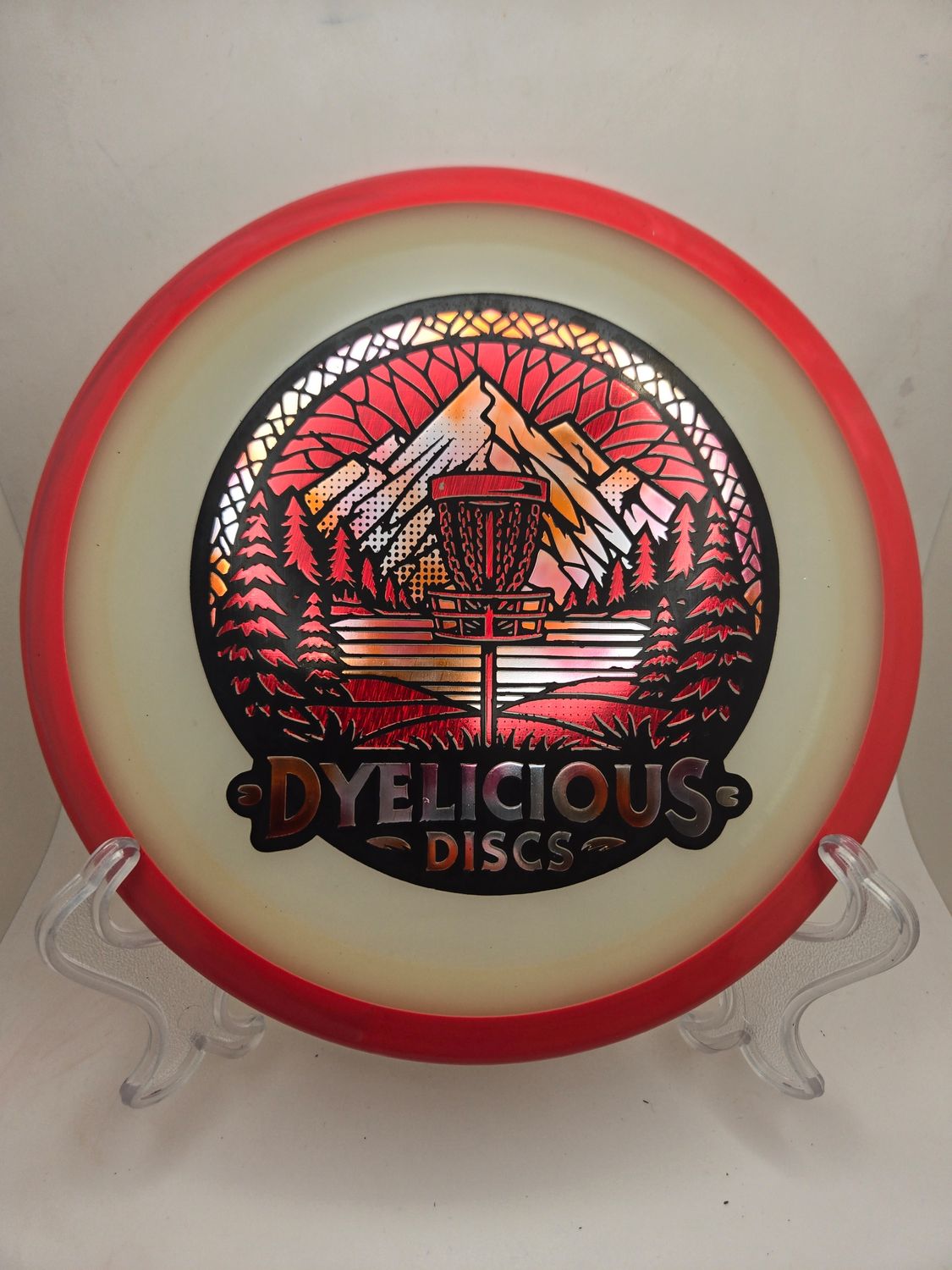 Axiom Discs Eclipse Green Defy with Red Rim Triple Foil 1 of 1 Dyelicious Discs Stamp with Red Streak and with Red Gradient Stamp 174g