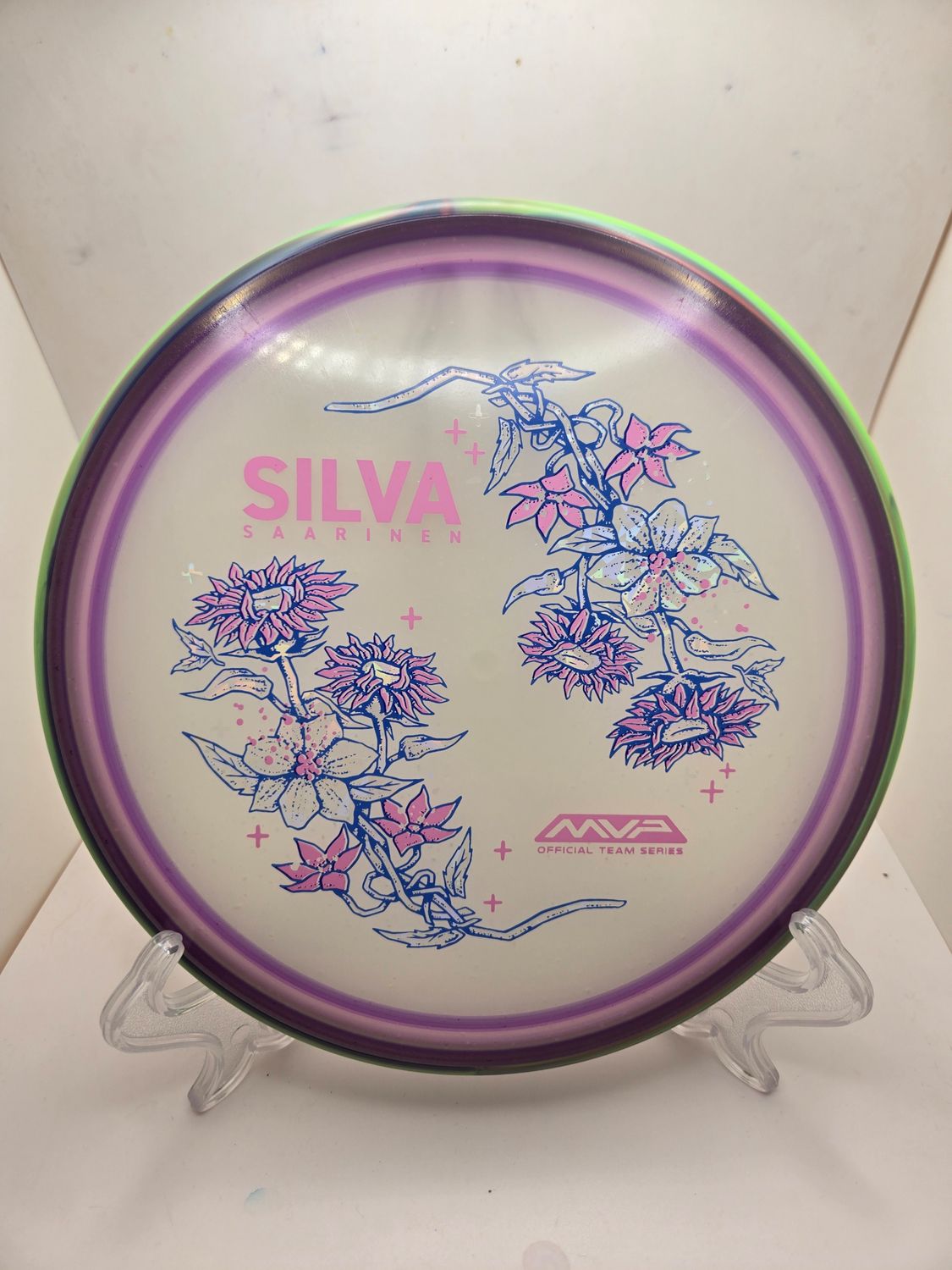 Axiom Particle Particle Eclipse Proxy - Silva Saarinen Team Series -Dyed Spin Purple Flowers with Swirly Green/Purple Rim 173g