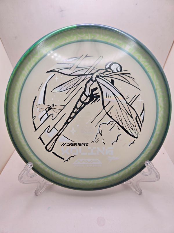 Axiom Discs Particle Eclipse Tempo - Dyed Light Green Tiger Pattern Spin By Dyelicious Discs Jeremy Koling Team Series- Dragonfly Swirly Green /Purple Rim 174g