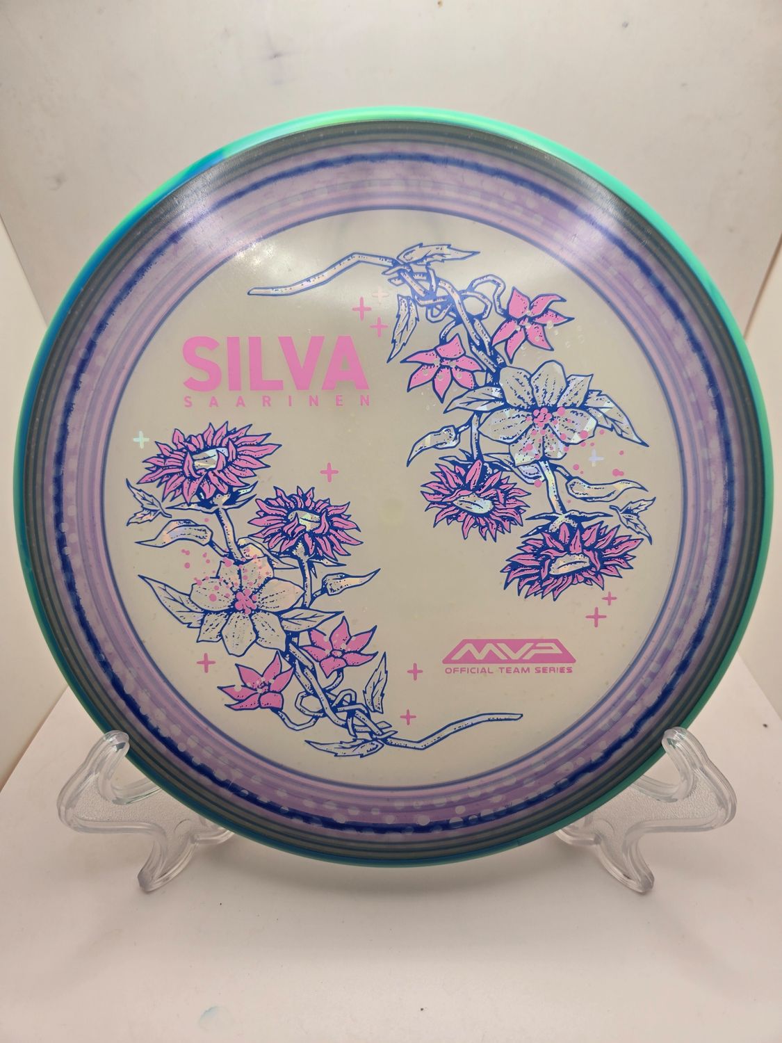 Axiom Particle Particle Eclipse Proxy - Dyed Spin Pink and Blue Silva Saarinen Team Series - Flowers with Swirly Teal Rim 173g