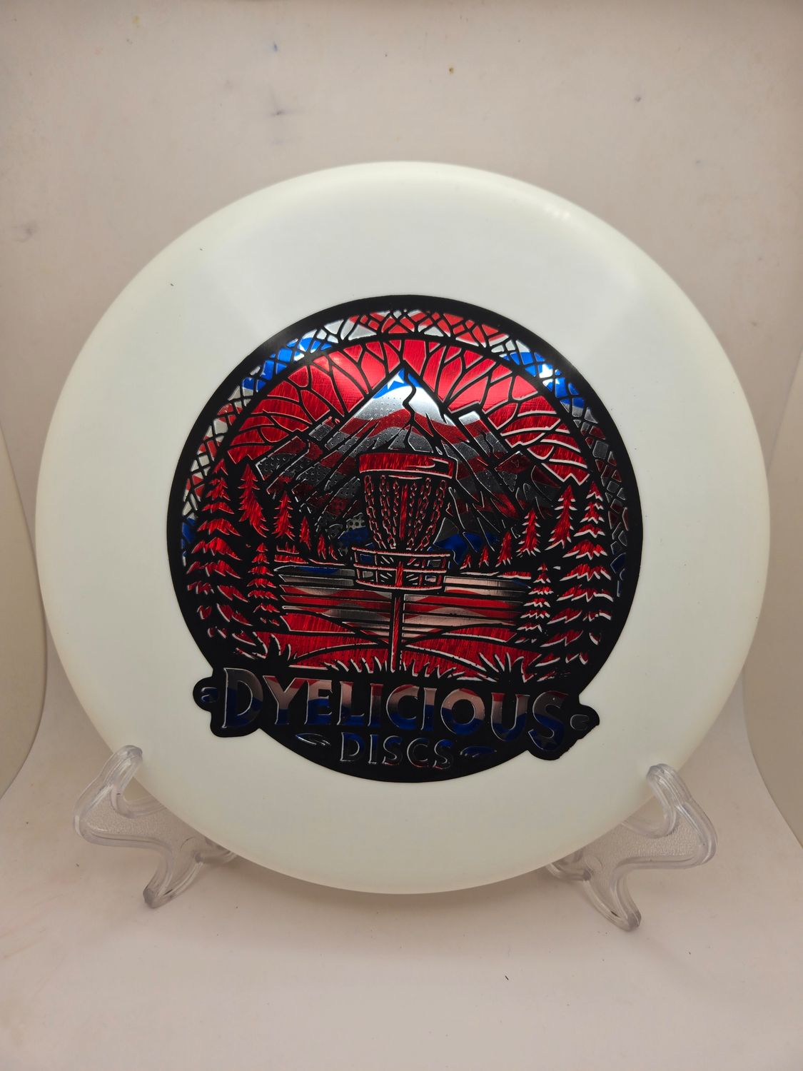 Discraft Discs Triple Foil 1 of 1 Dyelicious Discs ESP Zone White with Red Streak background and American Flag Stamp 173-174g