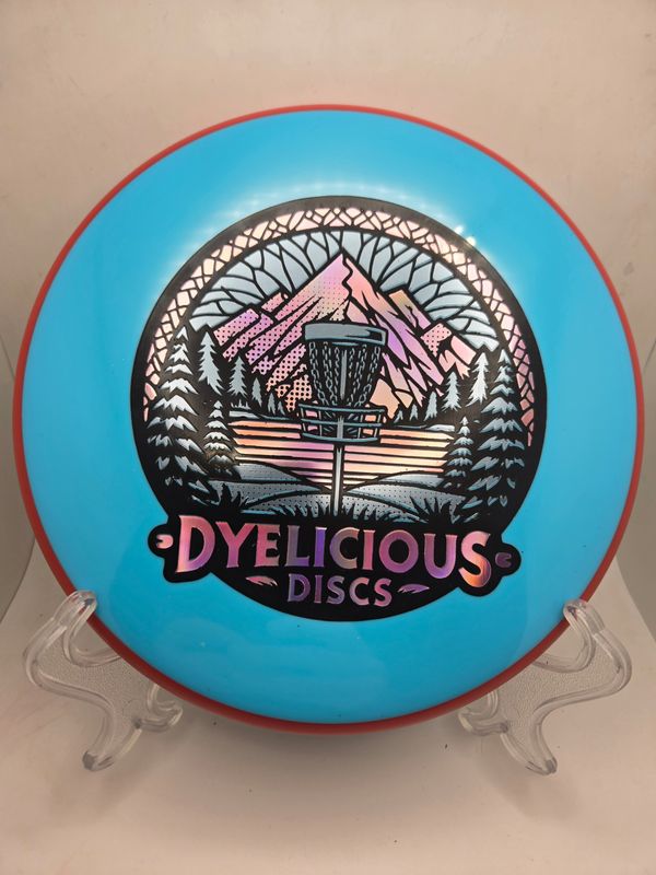Axiom Discs Proxy Neutron Soft Triple Foil 1 0f 1 Dyelicious Discs Stamped Teal Blue with Red Rim with Teal background and with Pink Stamp 172g