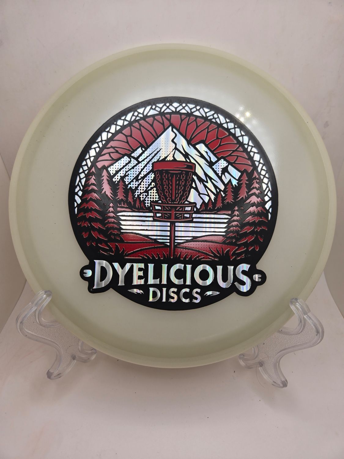 Axiom Discs Hex Total Eclipse White Rim Blue Plate Triple Foil 1 of 1 Dyelicious Discs Stamp with Red background and with Silver Wavy Stamp 177g