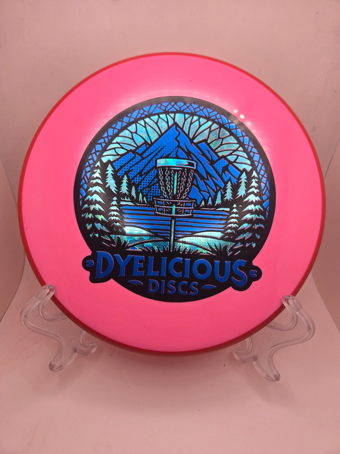 Axiom Discs Proxy Neutron Soft Triple Foil 1 0f 1 Dyelicious Discs Stamped Pink with Red Rim with Blue Flower background and with Blue Stamp 171g