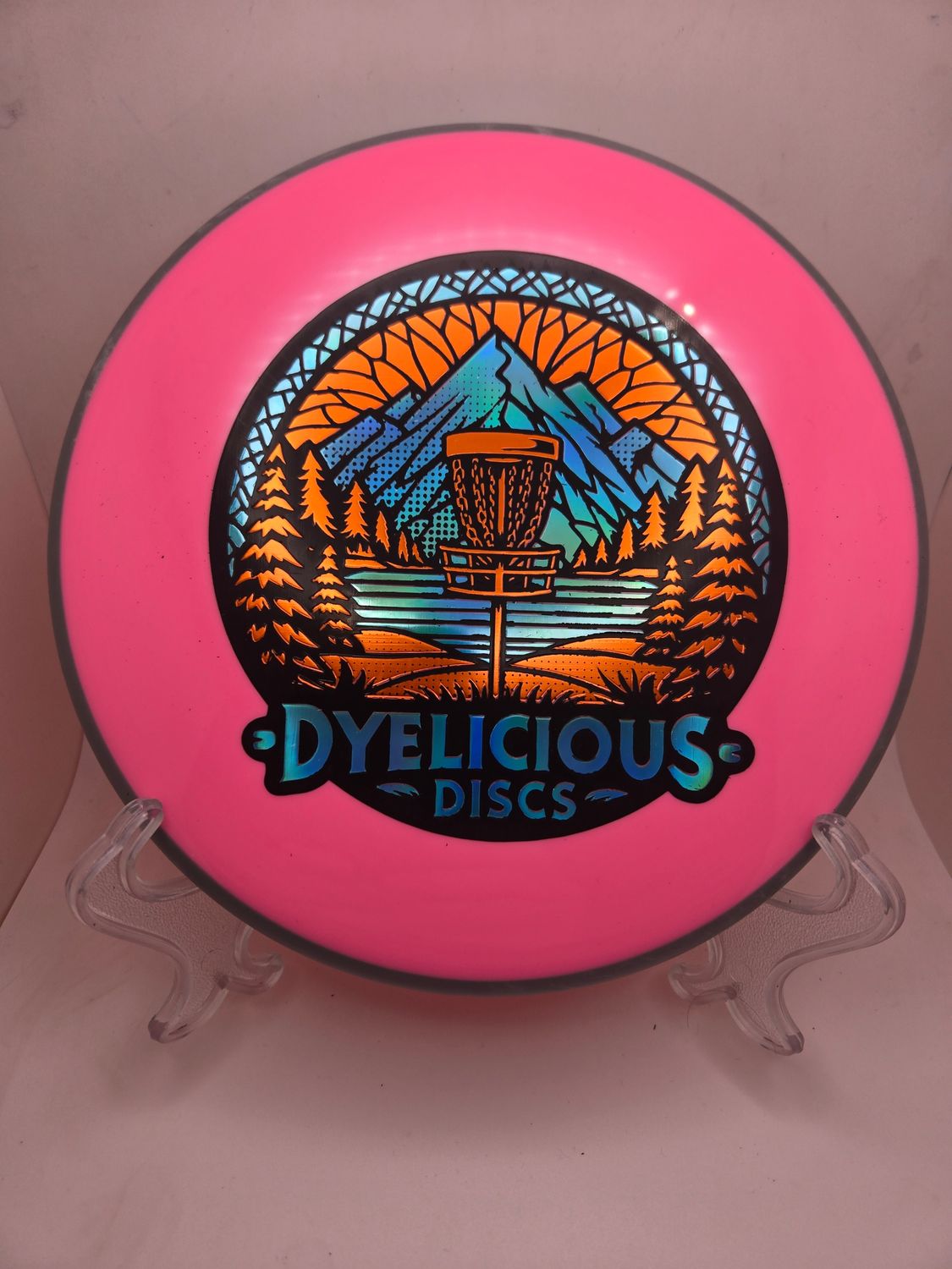 Axiom Discs Proxy Neutron Soft Triple Foil 1 0f 1 Dyelicious Discs Stamped Pink with Grey Rim with Red background and with Blue Stamp 173g