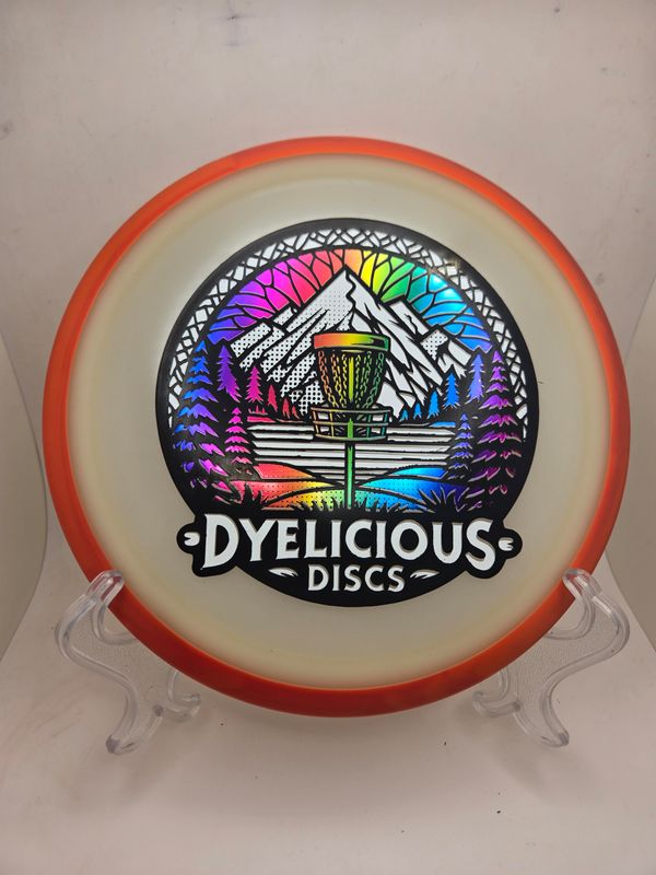 Axiom Discs Virus - Eclipse Green with Red Rim Triple Foil 1 of 1 Dyelicious Discs Stamp with Gradient background and White stamp 175g