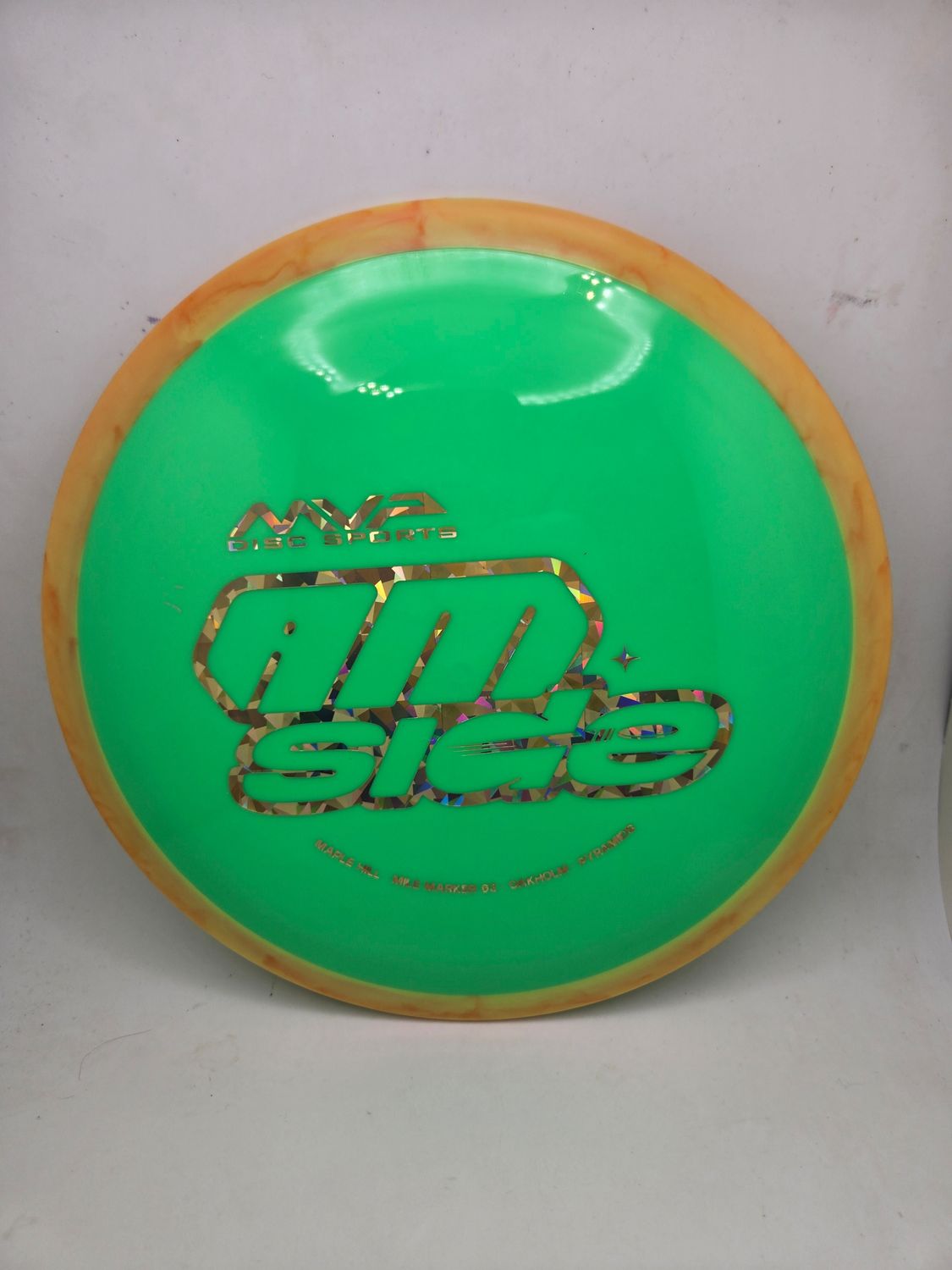 Axiom Discs Simon Line MVP AM Side Time-Lapse Retooled Neutron Dayglow Green with Orange swirly rim 174g