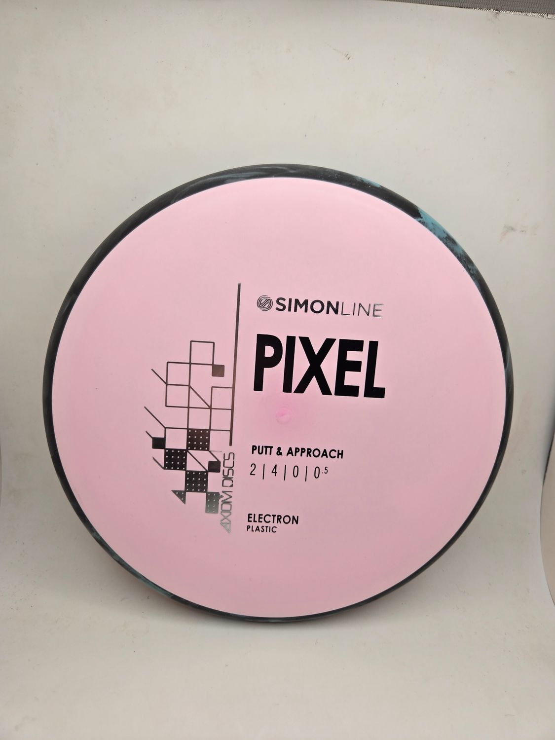 Axiom Discs- Simon Line - Electron Pixel - Stock Pink with Black/Blue Swirly Rim 172g
