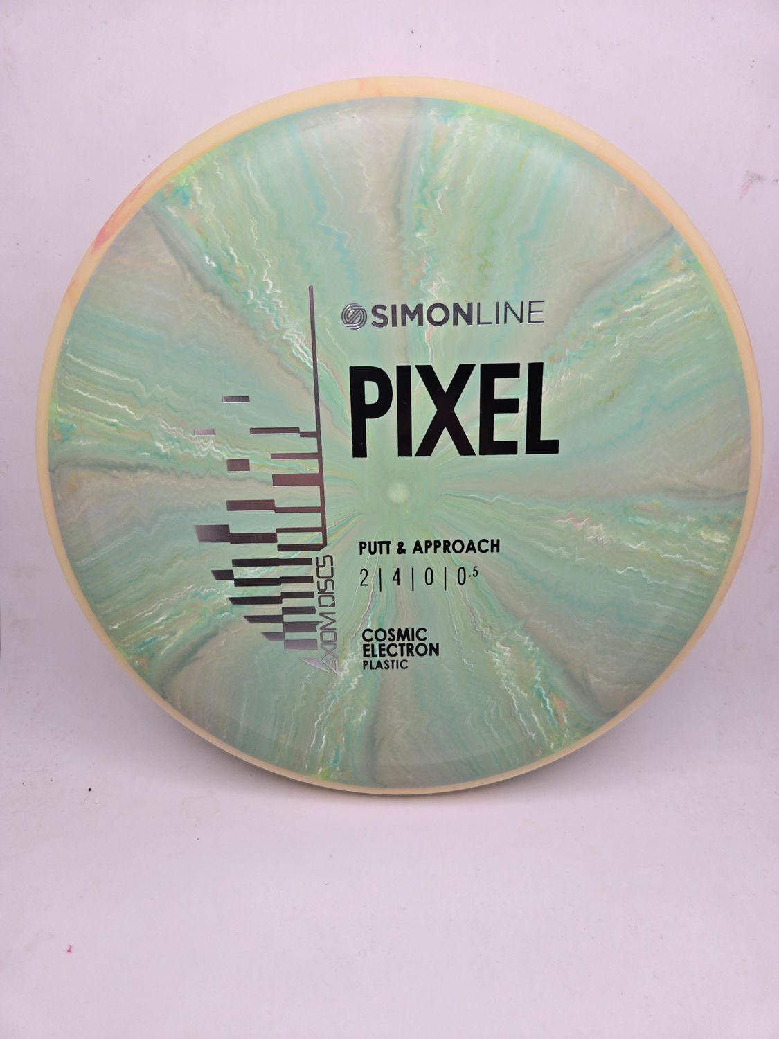 Axiom Discs- Simon Line - Cosmic Electron Pixel - Green with Orange/Yellow Rim 174g