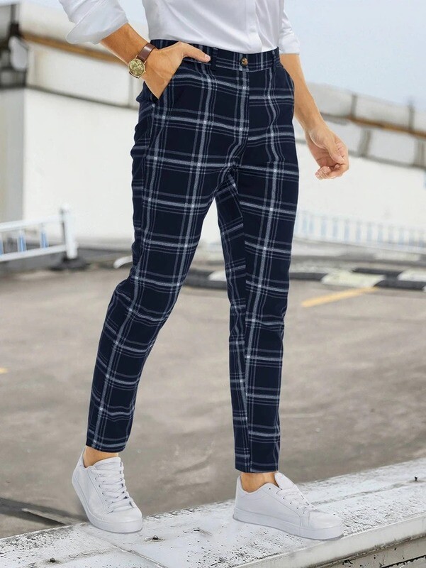Men Plaid Slant Pocket Tailored Pants
