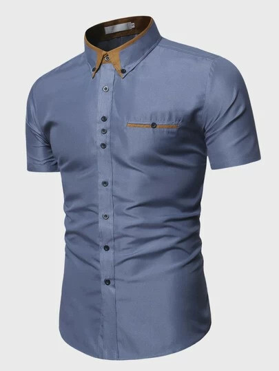 Men Contrast Panel Button Down Shirt