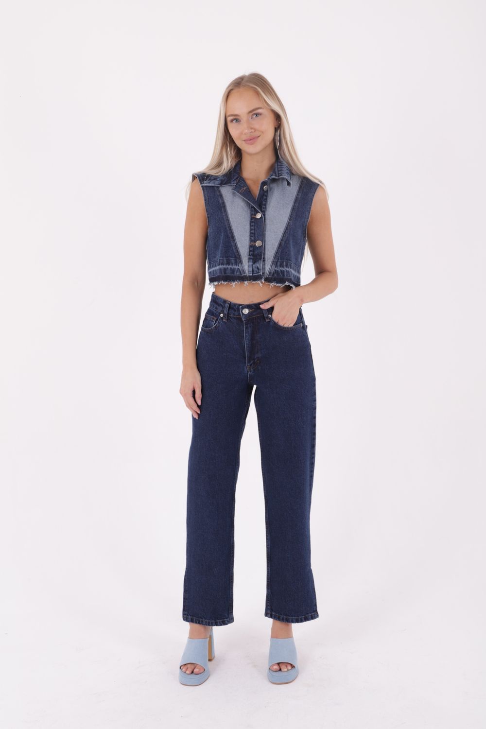 Bequeme Jeans Hose für Damen Mit Röhrenbein Und Hohem Bund Und Seitlichem Schlitz – Dunkelblau