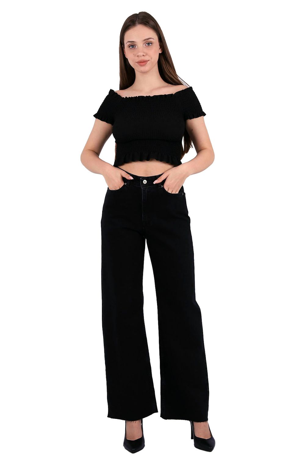 Nahtlose Relax-Jeans Hose für Damen Mit Weitem Bein – Schwarz